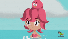 a cartoon of a girl with pink hair and an octopus on her head with discovery kids in the background