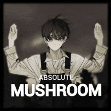 a poster for absolute mushroom shows a boy with his arms in the air
