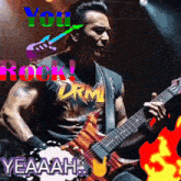 a man in a drm shirt is playing a red guitar