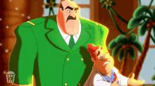 a man in a green suit stands next to another man in a white lab coat