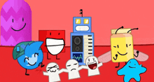a group of cartoon characters are standing next to each other on a red background ..