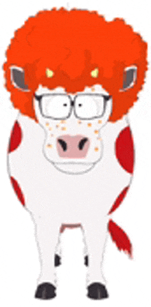 a cartoon cow with glasses and a red afro is standing on a white background .