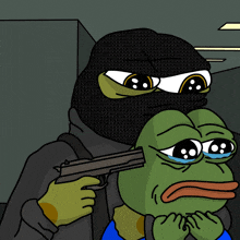 a cartoon of a man holding a gun next to a frog that is crying