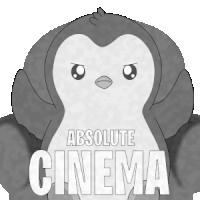 a black and white drawing of a penguin with the words absolute cinema behind it