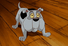 a cartoon dog with yellow eyes is standing on a wood floor