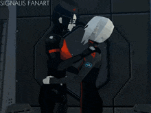 a couple of people kissing with the words signalis fanart behind them