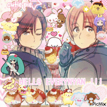 a couple of anime characters are standing next to each other with the words hello everynyan written on the bottom