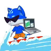 a cartoon of a cat on a surfboard holding a laptop with a graph on it