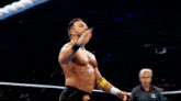 a man is standing in a wrestling ring with a crowd behind him .