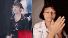a girl is clapping her hands in front of a picture of a woman .