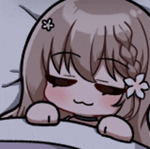 a cartoon girl with a flower in her hair is sleeping in bed .