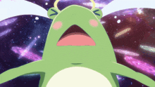 a green frog with the letter v on its ear looks up at the sky