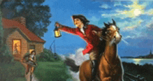 a painting of a man riding a horse with a lantern