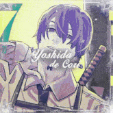 a drawing of a boy with purple hair and the name yoshida de cort
