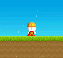 a pixel art of a man wearing a hard hat and overalls standing on a grassy field .