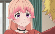 a girl with pink hair and purple eyes is crying in a cartoon