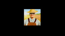 a man wearing overalls and a straw hat stands in a field