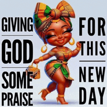 a cartoon of a woman giving god some praise for a new day