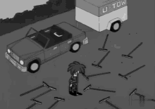 a cartoon character is standing in front of a truck that says tow