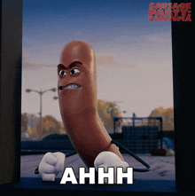 a poster for sausage party and foodtopia shows a cartoon sausage