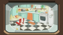 a kitchen with a checkered floor and a table and chairs