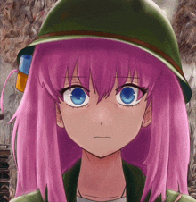 a pink haired anime girl wearing a green helmet