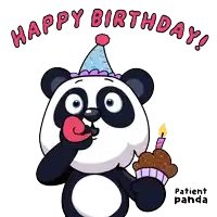 a panda bear wearing a party hat is blowing out a party horn and holding a cupcake with a candle