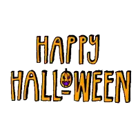 a cartoon drawing of the words `` happy halloween '' with a pumpkin on a white background .