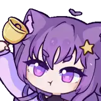a cartoon girl with purple hair is holding a bell with a star on her head .
