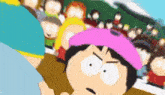 a cartoon character wearing a pink hat is surrounded by other cartoon characters