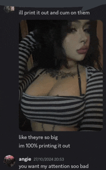 a picture of a woman with a tattoo on her chest is being shared on a social media platform