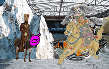a cartoon drawing of a man riding a horse and a pig with the letter g on its head