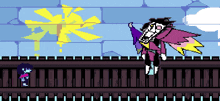 a pixel art of a cartoon character standing on a railing