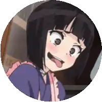 a girl with short black hair is sticking her tongue out in a circle