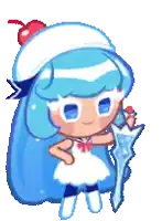 a cookie run character with blue hair and a cherry on her hat is holding a drink .