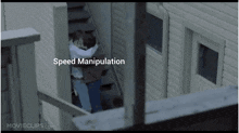 a man and woman are kissing on a set of stairs in a movie called speed manipulation .