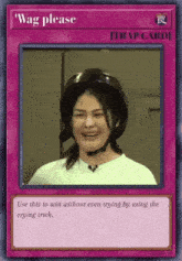 a picture of a woman wearing a helmet is on a card that says ' wag please '