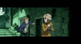 a man and a woman are running down a dark alley