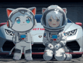 a cat and a girl in space suits are kneeling in front of a car that says wet no