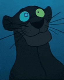 a close up of a panther 's face with blue eyes