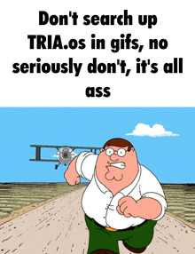 a cartoon of peter griffin running down a dirt road with a plane in the background