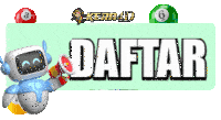 a cartoon robot is holding a megaphone in front of a sign that says daftar