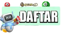 a cartoon robot is holding a megaphone in front of a sign that says daftar