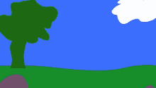 a cartoon drawing of a tree with a red ball hanging from it