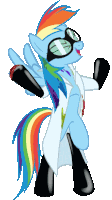 a cartoon pony with a rainbow mane and tail is wearing a lab coat and glasses
