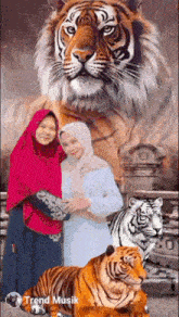 two women are posing for a picture in front of a painting of tigers