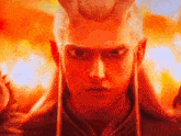a close up of a person 's face with a red background and a very angry look on their face .