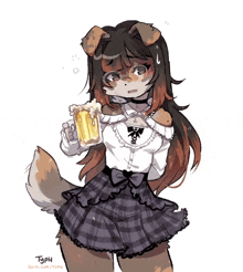 a drawing of a furry girl holding a beer with typh written on the bottom