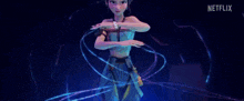 a cartoon girl with pink hair is holding a sword in her hand in front of a blue background .