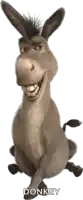 a donkey from shrek is smiling and sitting on a white background